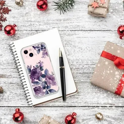 bicol Compatible with iPhone 15 Case, Crystal Acrylic Clear with Fashionable Pattern Designs for Girls Women, Slim Fit Shockproof Protective Phone Cover 6.1 inch,Purple Flowers - 6