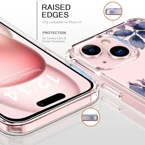 bicol Compatible with iPhone 15 Case, Crystal Acrylic Clear with Fashionable Pattern Designs for Girls Women, Slim Fit Shockproof Protective Phone Cover 6.1 inch,Purple Flowers - BICOL (1)
