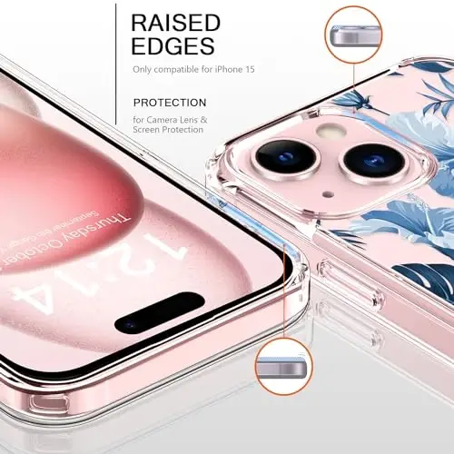 bicol Compatible with iPhone 15 Case, Crystal Acrylic Clear with Fashionable Pattern Designs for Girls Women, Slim Fit Shockproof Protective Phone Cover 6.1 inch,Blue Leaves - 2