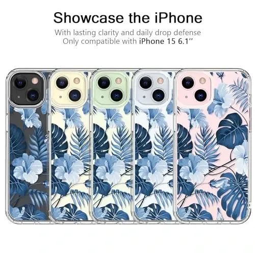 bicol Compatible with iPhone 15 Case, Crystal Acrylic Clear with Fashionable Pattern Designs for Girls Women, Slim Fit Shockproof Protective Phone Cover 6.1 inch,Blue Leaves - 5