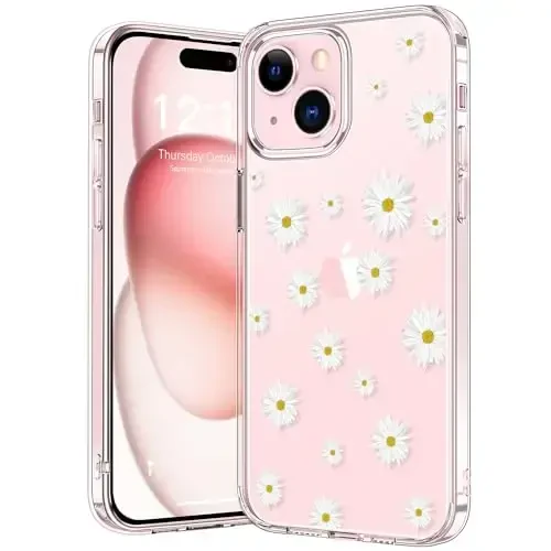 bicol Compatible with iPhone 15 Case, Crystal Acrylic Clear with Fashionable Pattern Designs for Girls Women, Slim Fit Shockproof Protective Phone Cover 6.1 inch,Nice Daisy - BICOL