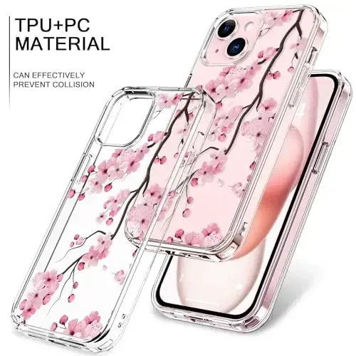bicol Compatible with iPhone 15 Case, Crystal Acrylic Clear with Fashionable Pattern Designs for Girls Women, Slim Fit Shockproof Protective Phone Cover 6.1 inch,Blooming Cherry - BICOL (1)