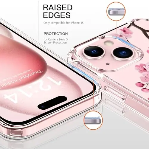 bicol Compatible with iPhone 15 Case, Crystal Acrylic Clear with Fashionable Pattern Designs for Girls Women, Slim Fit Shockproof Protective Phone Cover 6.1 inch,Blooming Cherry - 4