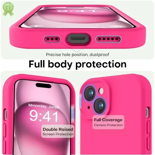 LOVE 3000 Compatible with iPhone 15 Case, [Smooth Silicone Full Coverage Camera] [8ft Drop Protection], Soft Microfiber Lining Full Body Protective Case for iPhone 15 6.1 inch - Hot Pink - 3