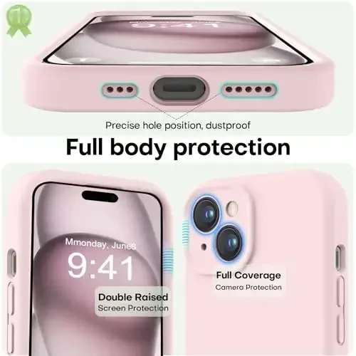 LOVE 3000 Compatible with iPhone 15 Case, [Smooth Silicone Full Coverage Camera] [8ft Drop Protection], Soft Microfiber Lining Full Body Protective Case for iPhone 15 6.1 inch - Chalk Pink - 3