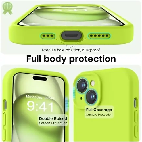 LOVE 3000 Compatible with iPhone 15 Case, [Smooth Silicone Full Coverage Camera] [8ft Drop Protection], Soft Microfiber Lining Full Body Protective Case for iPhone 15 6.1 inch - Fluorescent Green - 3