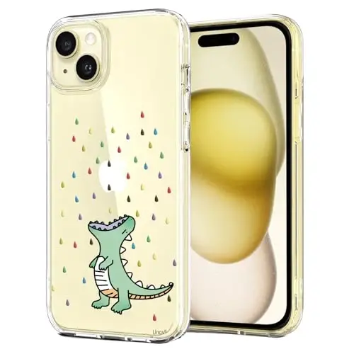 Unov Case Compatible with iPhone 15 Case Clear with Design Embossed Pattern Soft TPU Bumper Slim Protective 6.1 Inch (Rainbow Dinosaur) - 1