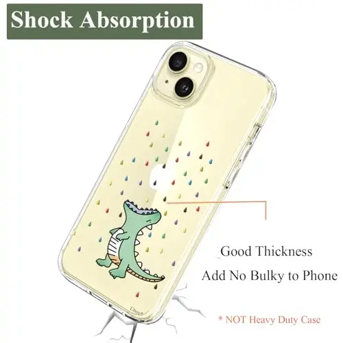 Unov Case Compatible with iPhone 15 Case Clear with Design Embossed Pattern Soft TPU Bumper Slim Protective 6.1 Inch (Rainbow Dinosaur) - 6