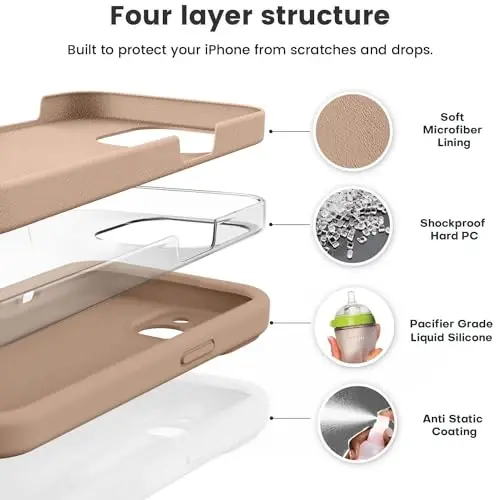 Vooii Compatible with iPhone 15 Case, Upgrade Defender Liquid Silicone, [Enhanced Camera Protection] [Soft Anti-Scratch Microfiber Lining] Shockproof Phone Case for iPhone 15 6.1 inch - Light Brown - VOOII (1)