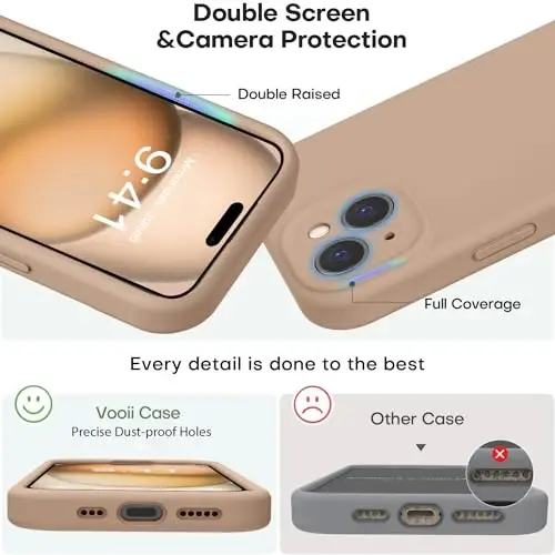 Vooii Compatible with iPhone 15 Case, Upgrade Defender Liquid Silicone, [Enhanced Camera Protection] [Soft Anti-Scratch Microfiber Lining] Shockproof Phone Case for iPhone 15 6.1 inch - Light Brown - 3