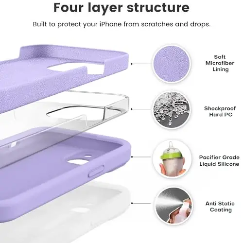 Vooii Compatible with iPhone 15 Case, Upgrade Defender Liquid Silicone, [Enhanced Camera Protection] [Soft Anti-Scratch Microfiber Lining] Shockproof Phone Case for iPhone 15 6.1 inch - Light Purple - VOOII (1)