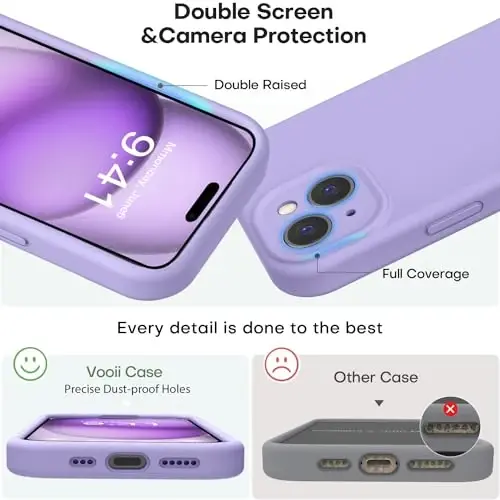 Vooii Compatible with iPhone 15 Case, Upgrade Defender Liquid Silicone, [Enhanced Camera Protection] [Soft Anti-Scratch Microfiber Lining] Shockproof Phone Case for iPhone 15 6.1 inch - Light Purple - 3