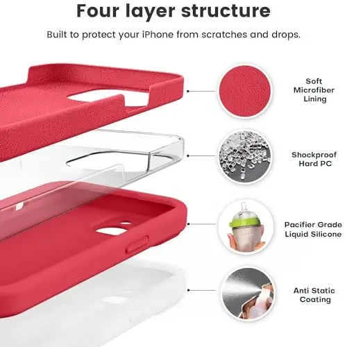 Vooii Compatible with iPhone 15 Case, Upgrade Defender Liquid Silicone, [Enhanced Camera Protection] [Soft Anti-Scratch Microfiber Lining] Shockproof Phone Case for iPhone 15 6.1 inch - Red - 2