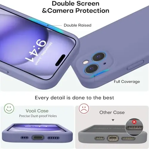 Vooii Compatible with iPhone 15 Case, Upgrade Defender Liquid Silicone, [Enhanced Camera Protection] [Soft Anti-Scratch Microfiber Lining] Shockproof Phone Case for iPhone 15 6.1 inch - Lavender Grey - 3