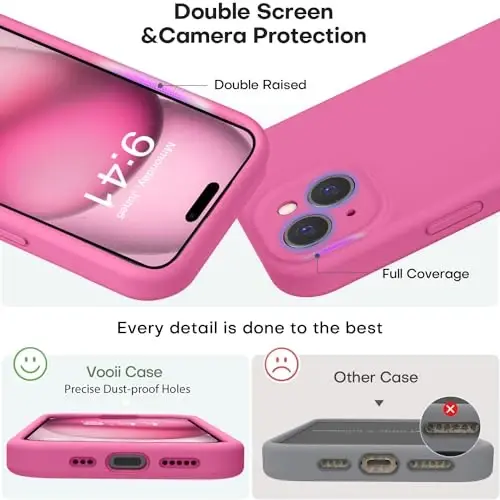Vooii Compatible with iPhone 15 Case, Upgrade Defender Liquid Silicone, [Enhanced Camera Protection] [Soft Anti-Scratch Microfiber Lining] Shockproof Phone Case for iPhone 15 6.1 inch - Pitaya - 3