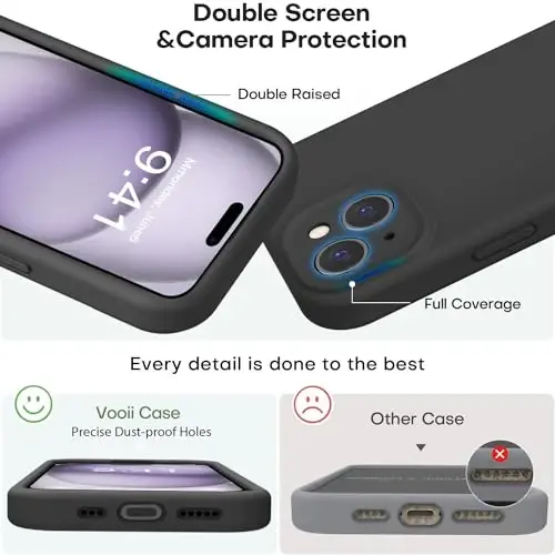 Vooii Compatible with iPhone 15 Case, Upgrade Defender Liquid Silicone, [Enhanced Camera Protection] [Soft Anti-Scratch Microfiber Lining] Shockproof Phone Case for iPhone 15 6.1 inch - Black - 3