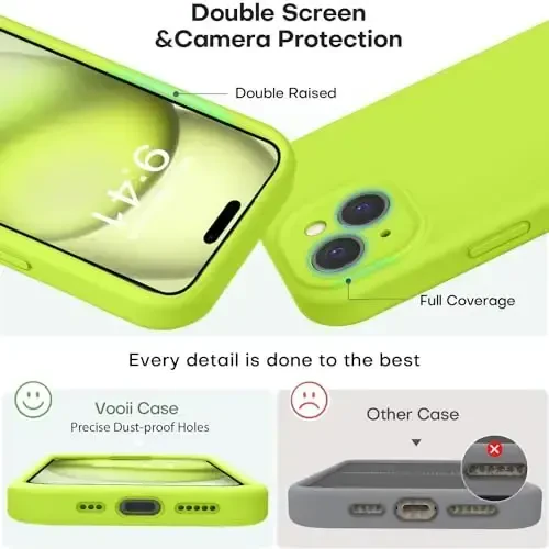 Vooii Compatible with iPhone 15 Case,Upgrade Defender Liquid Silicone,[Enhanced Camera Protection][Soft Anti-Scratch Microfiber Lining] Shockproof Phone Case for iPhone 15 6.1 inch - Fluorescent Green - 3