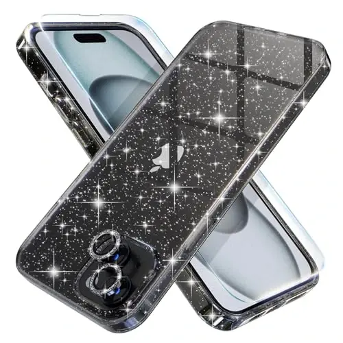 Choiche Compatible for iPhone 15 Case Women Phone Case, Cute Bling Sparkly, Military Grade Drop Protection, 2 Diamond Camera Lens Covers, 2 Tempered Glass Protectors, 6.1 inch (Glitter Black) - 1