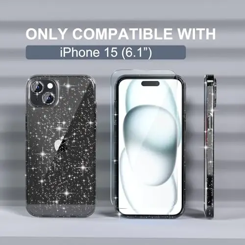 Choiche Compatible for iPhone 15 Case Women Phone Case, Cute Bling Sparkly, Military Grade Drop Protection, 2 Diamond Camera Lens Covers, 2 Tempered Glass Protectors, 6.1 inch (Glitter Black) - 2