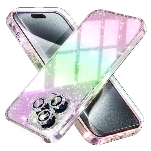 Choiche Compatible for iPhone 15 Case Women Phone Case, Cute Bling Sparkly, Military Grade Drop Protection, 2 Diamond Camera Lens Covers, 2 Tempered Glass Protectors, 6.1 inch (Glitter Colorful) 