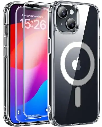 JAME for iPhone 15 Case Clear, iPhone 15 Magnetic Case with 2*Glass Screen Protectors, Compatible with Magsafe, Not Yellowing, Shockproof Slim Fit Transparent Phone Case for iPhone 15, 6.1 inch, Clear - 1