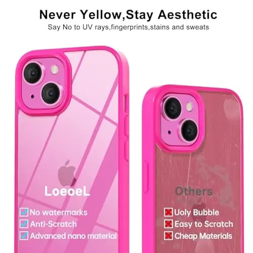 LoeoeL for iPhone 15 Case Clear, Transparent Hybrid 15 Phone Case [Hard Plastic & Soft Silicone Bumper] Acrylic Non Yellowing Thin Slim Protective Cover for Women, Neon Hot Pink - 4