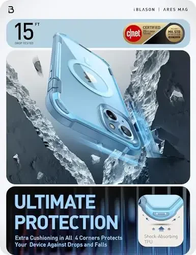 i-Blason Ares Mag for iPhone 15 Case/iPhone 14 13 Case [6.1 inch], [MagSafe Compatible] Full-Body Shockproof Rugged Clear Bumper with Built-in Screen Protector (Blue), iPhone2023-6.1-AreMag-SP - 4