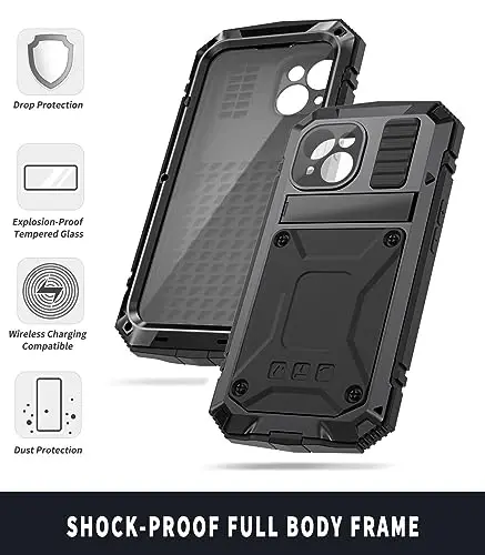 iPhone 15 Kılıfına Uygun 6,1 inç Ağır Hizmet Sağlam [Alüminyum Stant] Askeri Sınıf Metal Kauçuk [Dahili Ekran Koruyucu Kamera Merceği] Telefon Kılıfı Zırhı (iPhone 15 6.1'' 2023'e Uygun), Siyah 