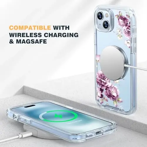 Diaclara Designed for iPhone 15 Plus Case 6.7 Inch,Full Body Rugged Case with Built-in Touch Sensitive Anti-Scratch Screen Protector+9H Tempered Glass Camera Lens Protector (Clear Flower) - 4