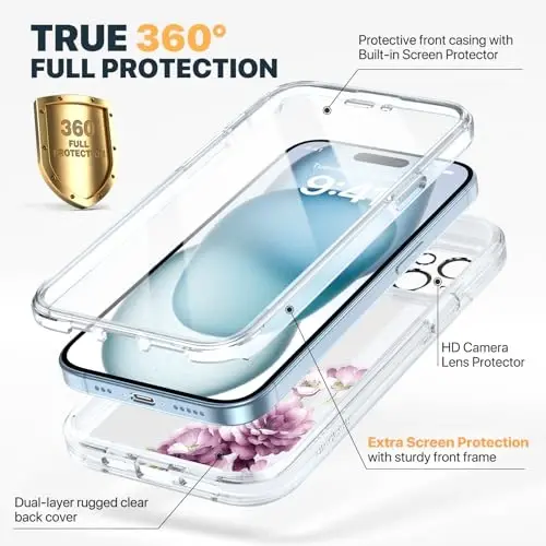 Diaclara Designed for iPhone 15 Plus Phone Case,Full Body Rugged Case with Built-in Screen Protector+9H Tempered Glass Camera Lens Protector (Clear Flower) - 2