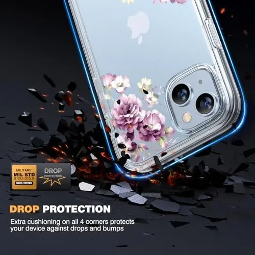 Diaclara Designed for iPhone 15 Plus Phone Case,Full Body Rugged Case with Built-in Screen Protector+9H Tempered Glass Camera Lens Protector (Clear Flower) - 3