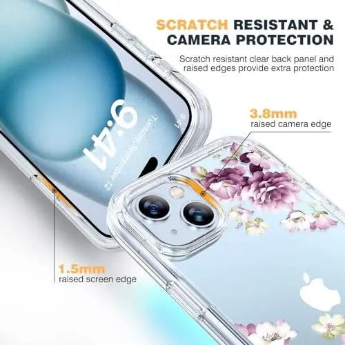 Diaclara Designed for iPhone 15 Plus Phone Case,Full Body Rugged Case with Built-in Screen Protector+9H Tempered Glass Camera Lens Protector (Clear Flower) - 5