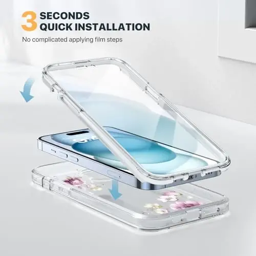 Diaclara Designed for iPhone 15 Plus Phone Case,Full Body Rugged Case with Built-in Screen Protector+9H Tempered Glass Camera Lens Protector (Clear Flower) - 6