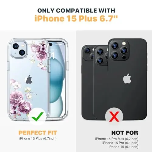 Diaclara Designed for iPhone 15 Plus Phone Case,Full Body Rugged Case with Built-in Screen Protector+9H Tempered Glass Camera Lens Protector (Clear Flower) - 7