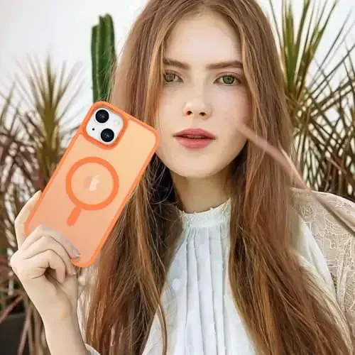 Anuck Case for iPhone 15 Plus Case Magnetic Phone Case Compatible with MagSafe, Soft TPU Bumper Hard Translucent Matte Back Slim Fit Shockproof Protective Cover for Men Women Girls - Orange - 6