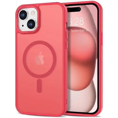 Anuck Case for iPhone 15 Plus Case Magnetic Phone Case Compatible with MagSafe, Soft TPU Bumper Hard Translucent Matte Back Slim Fit Shockproof Protective Cover for Men Women Girls - Light Red 