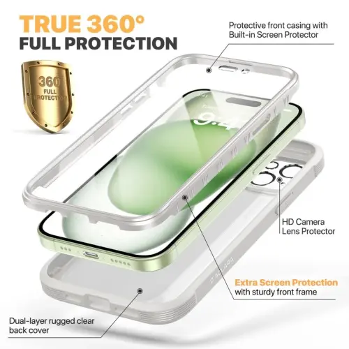 Diaclara Designed for iPhone 15 Plus Case 6.7 Inch, Full Body Rugged Case with Built-in Touch Sensitive Anti-Scratch Screen Protector + Glass Camera Lens Protector for iPhone 15 Plus, White 