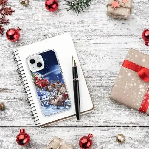 bicol Christmas Phone Case for iPhone 15 Plus with Screen Protector, Enhanced Camera Protection - Wireless Charging - Slim Shockproof Protective Acrylic Clear Cover for Women Girls - Santa Sleigh - 6