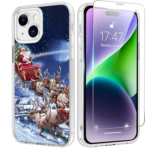 bicol Christmas Phone Case for iPhone 15 Plus with Screen Protector, Enhanced Camera Protection - Wireless Charging - Slim Shockproof Protective Acrylic Clear Cover for Women Girls - Santa Sleigh 