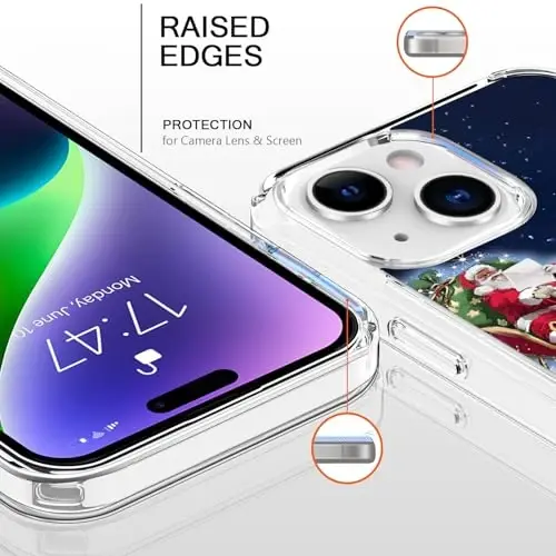 bicol Christmas Phone Case for iPhone 15 Plus with Screen Protector, Enhanced Camera Protection - Wireless Charging - Slim Shockproof Protective Acrylic Clear Cover for Women Girls - Santa Sleigh - BICOL (1)