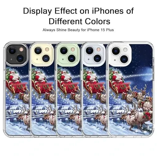 bicol Christmas Phone Case for iPhone 15 Plus with Screen Protector, Enhanced Camera Protection - Wireless Charging - Slim Shockproof Protective Acrylic Clear Cover for Women Girls - Santa Sleigh - 5