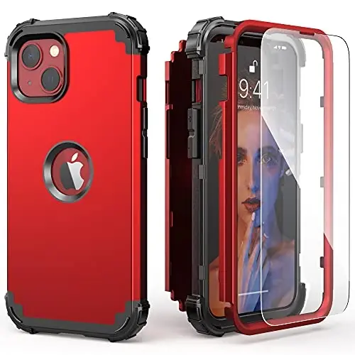 IDweel for iPhone 15 Plus Case with Screen Protector, 3 in 1 Shockproof Slim Fit Hybrid Heavy Duty Hard PC Cover Soft Silicone Bumper Full Body Case (Red) - 1