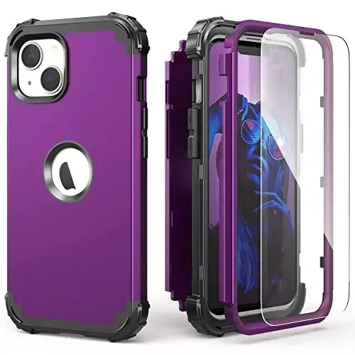 IDweel for iPhone 15 Plus Case with Screen Protector, 3 in 1 Shockproof Slim Fit Hybrid Heavy Duty Hard PC Cover Soft Silicone Bumper Full Body Case (Dark Purple) 