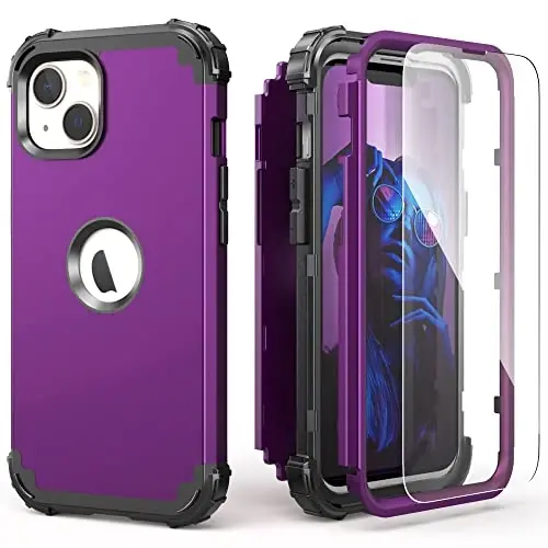 IDweel for iPhone 15 Plus Case with Screen Protector, 3 in 1 Shockproof Slim Fit Hybrid Heavy Duty Hard PC Cover Soft Silicone Bumper Full Body Case (Dark Purple) - 1