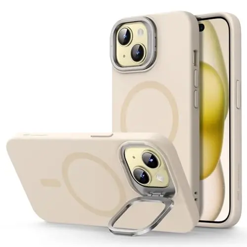 ESR for iPhone 15 Plus Case, MagSafe Silicone Case with Stand, Military-Grade Protection, Built-in Camera Stash Stand, Magnetic Phone Case for iPhone 15 Plus, Cloud Series,Light Tan - 1