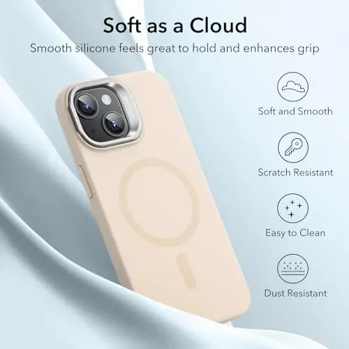 ESR for iPhone 15 Plus Case, MagSafe Silicone Case with Stand, Military-Grade Protection, Built-in Camera Stash Stand, Magnetic Phone Case for iPhone 15 Plus, Cloud Series,Light Tan - 6