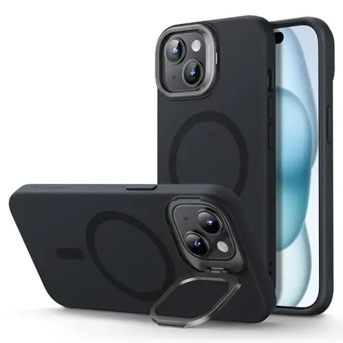 ESR for iPhone 15 Plus Case, MagSafe Silicone Case with Stand, Military-Grade Protection, Built-in Camera Stash Stand, Magnetic Phone Case for iPhone 15 Plus, Cloud Series, Black - 1