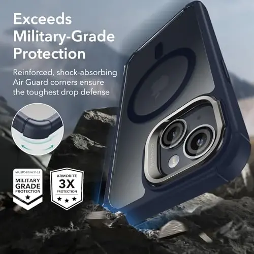 ESR for iPhone 15 Plus Case with Stand, Compatible with MagSafe, Full-Body Military-Grade Drop Proof Case with Built-in 9H+ Tempered Glass Screen Protector, Armor Series, Clear Dark Blue - 4