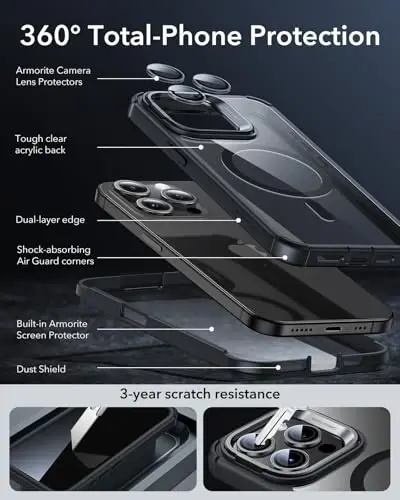 iPhone 15 Plus için ESR Kılıfı, Standlı, MagSafe Uyumlu, Tam Vücut Askeri Sınıf Darbeye Dayanıklı Kılıf, Dahili 9H+ Temperli Cam Ekran Koruyucu, Zırh Serisi, Şeffaf Siyah - 5