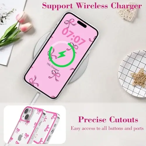 EYZUTAK Case for iPhone 15 Plus, Clear Cute Ribbon Bowknot Pattern Aesthetic Transparent Phone Case Raised Camera Protection Stylish Slim Soft Durable TPU Protective Cover for Women Girls - Rose Red - 5